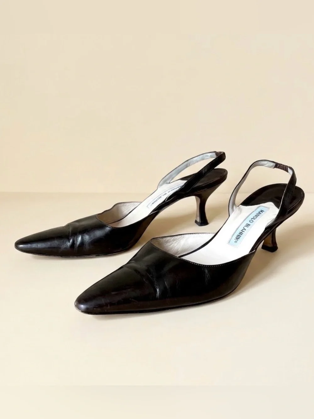 Vintage Manolo Blahnik Brown Leather Slingback Kitten Heels 40.5 Pointed Toe